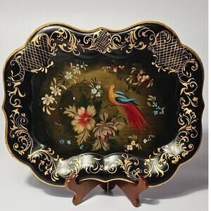 Toleware Hand Painted Tray 1955 Black Gold Floral Bird Mid Century George Fowler